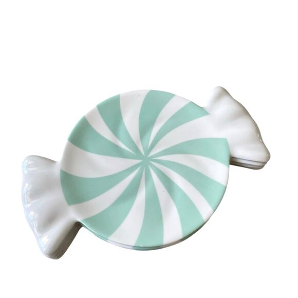 Peppermint Candy Shaped Appetizer Plate Set of 4 Holiday Mint & White Melamine - Picture 2 of 15